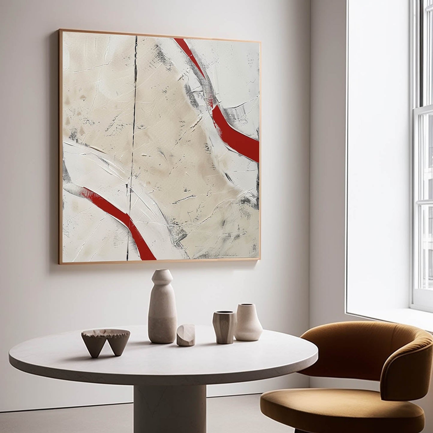 Abstract Red and White Minimalist Oil Painting for Contemporary Home Decor