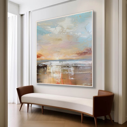 Serene Coastal Landscape Oil Painting with Soft Pastel Hues for Home Decor