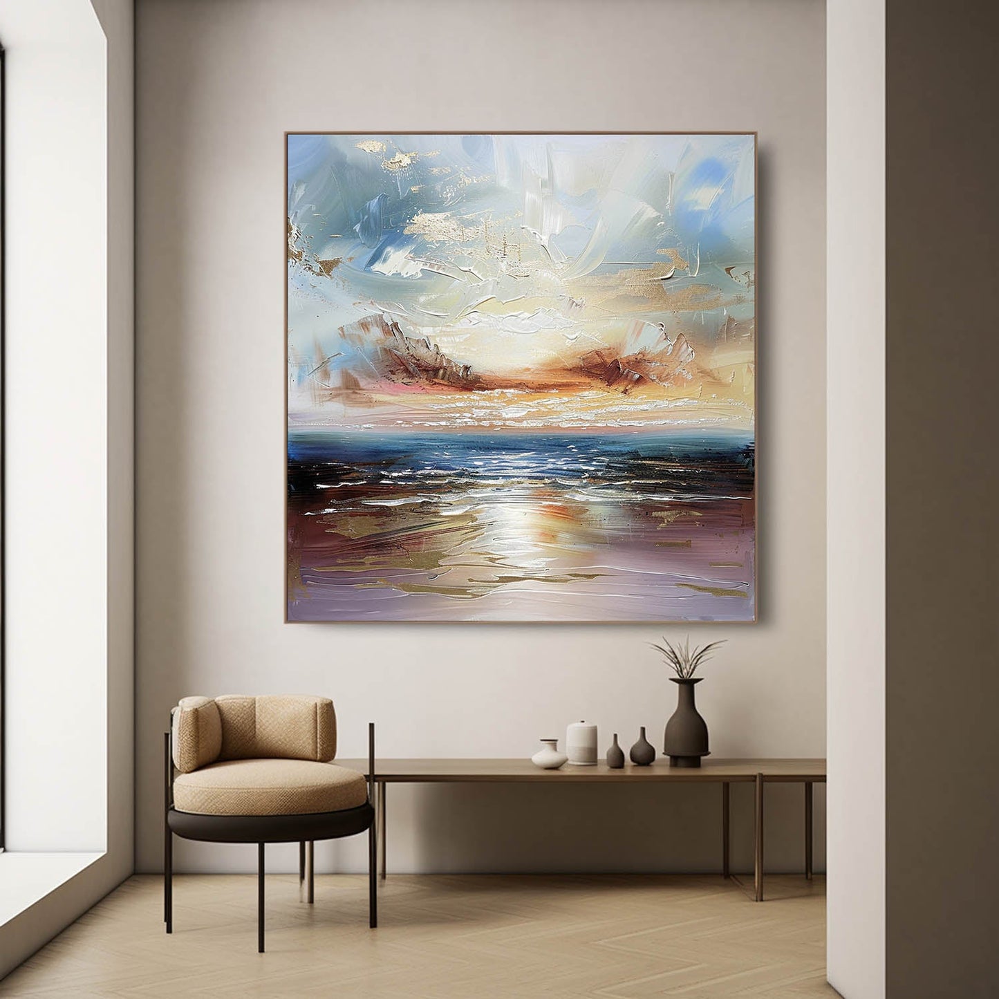 Serene Coastal Sunset Oil Painting for Elegant Home Decor