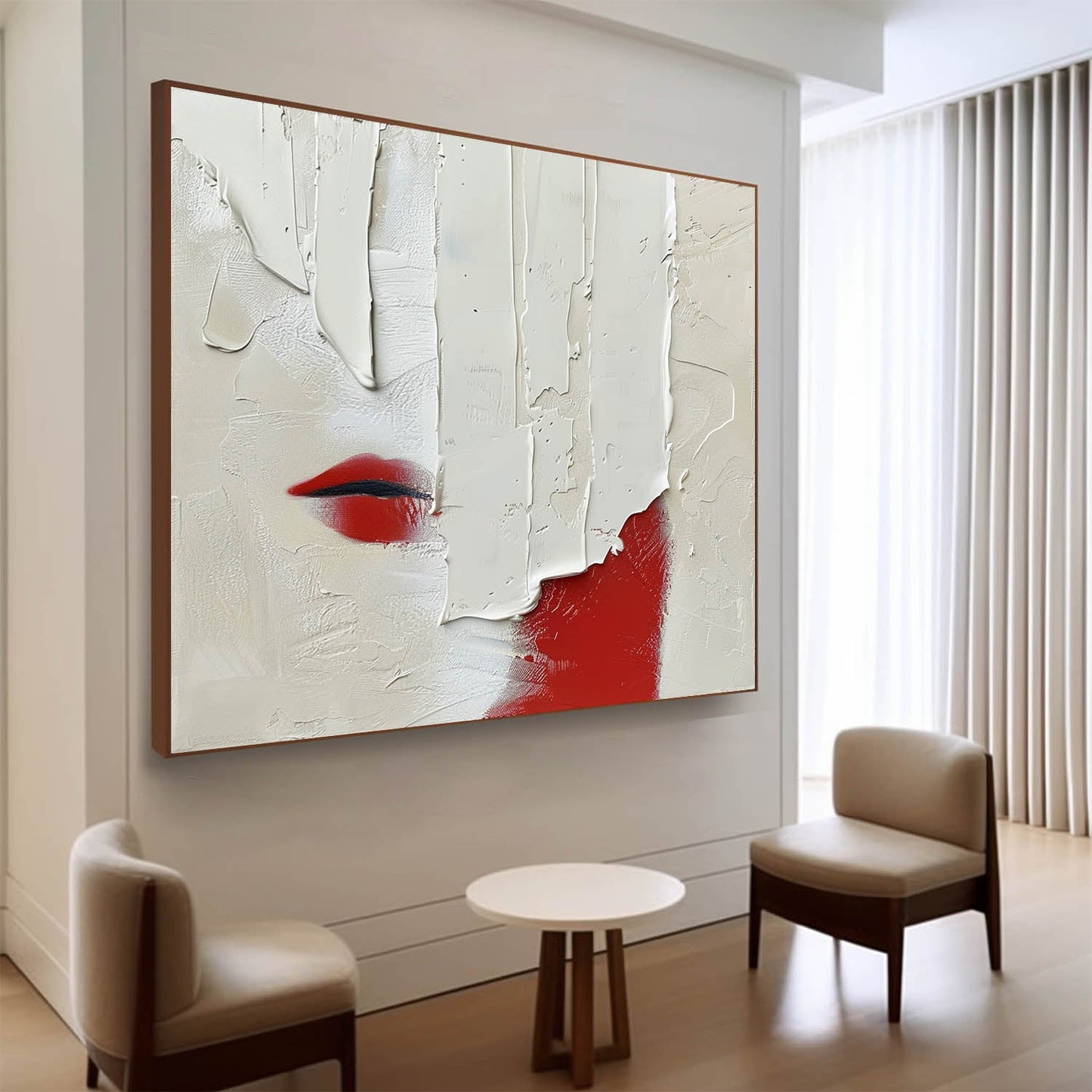 Abstract Minimalist Oil Painting with Bold Red Accent and Textured White Surface