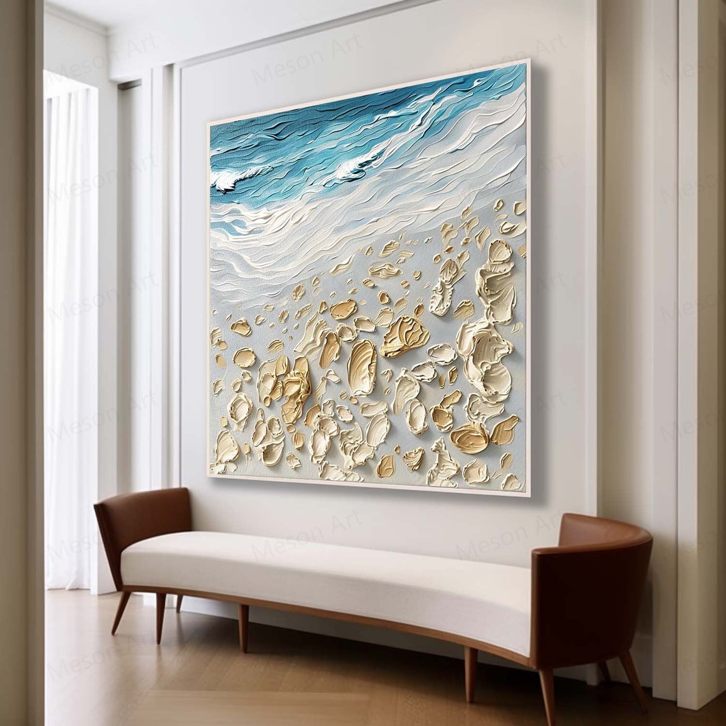 Textured Coastal Scene Oil Painting with Beach and Waves