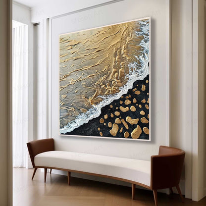 Golden Beach Waves Abstract Oil Painting with Textured Details