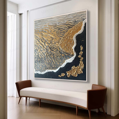Textured Abstract Oil Painting of Waves and Shoreline in Gold and Black Tones