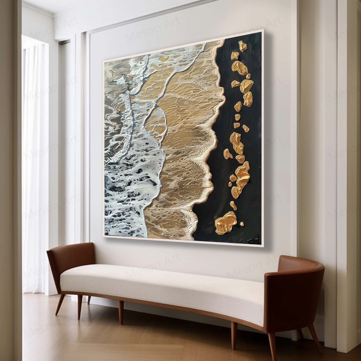 Textured Coastal Waves Oil Painting with Golden Accents for Modern Decor