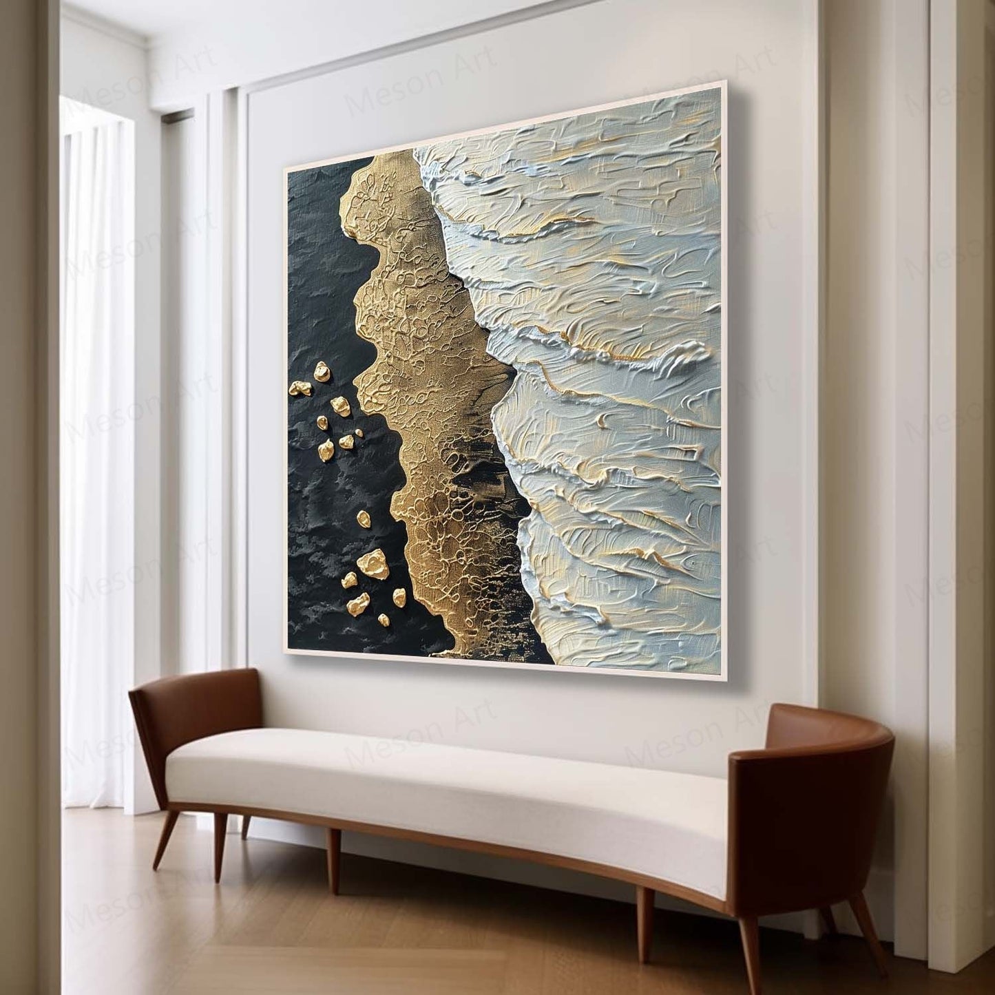 Textured Coastal Abstract Oil Painting with Gold and White Accents