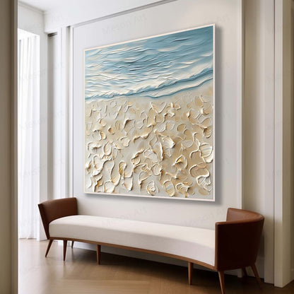 Textured Seascape Oil Painting with Coastal Elements and Soft Blue Tones