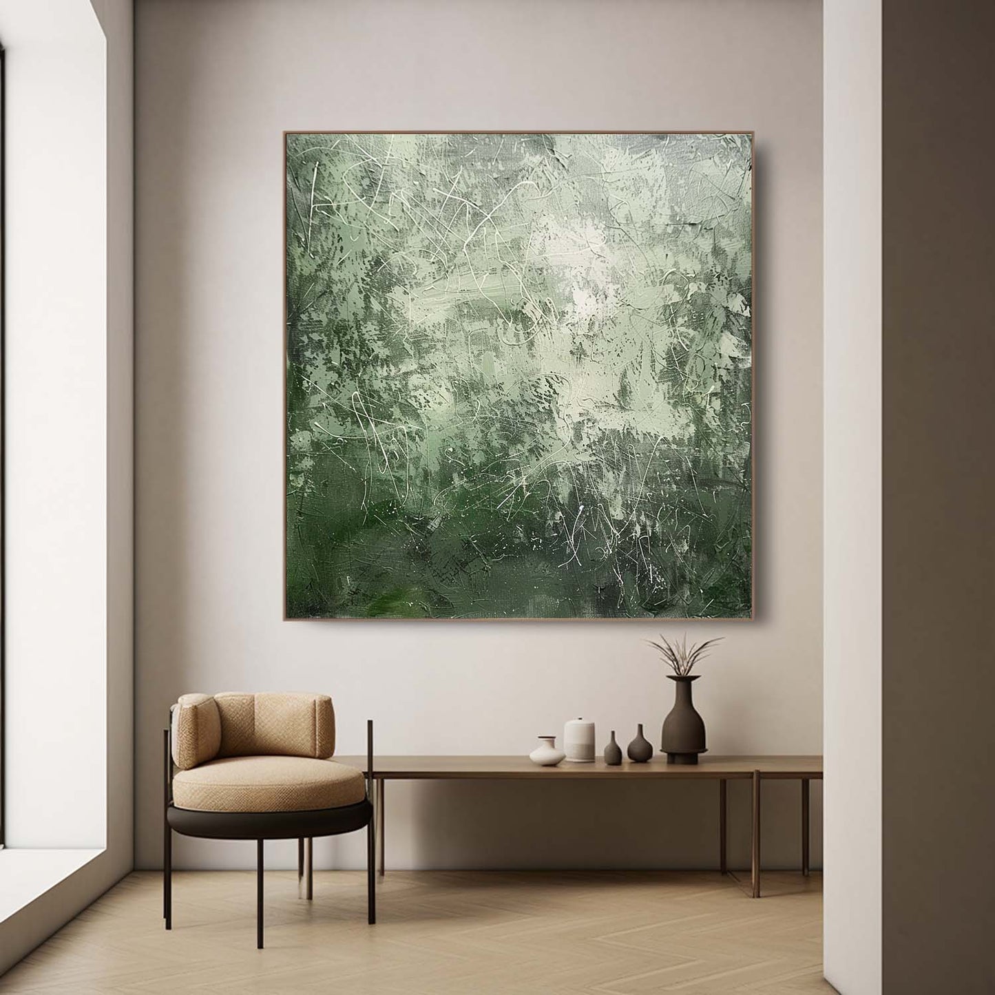 Serene Green Abstract Expressionist Oil Painting for Modern Decor