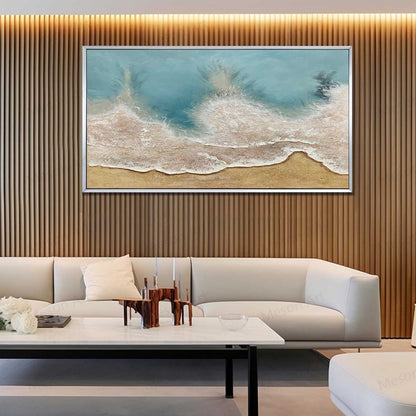Coastal Serenity: Textured Oil Painting of Beach Waves and Sand