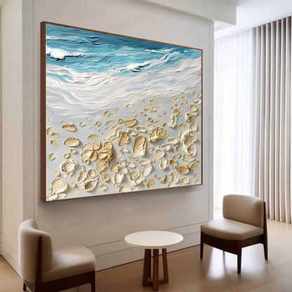 Textured Coastal Scene Oil Painting with Beach and Waves