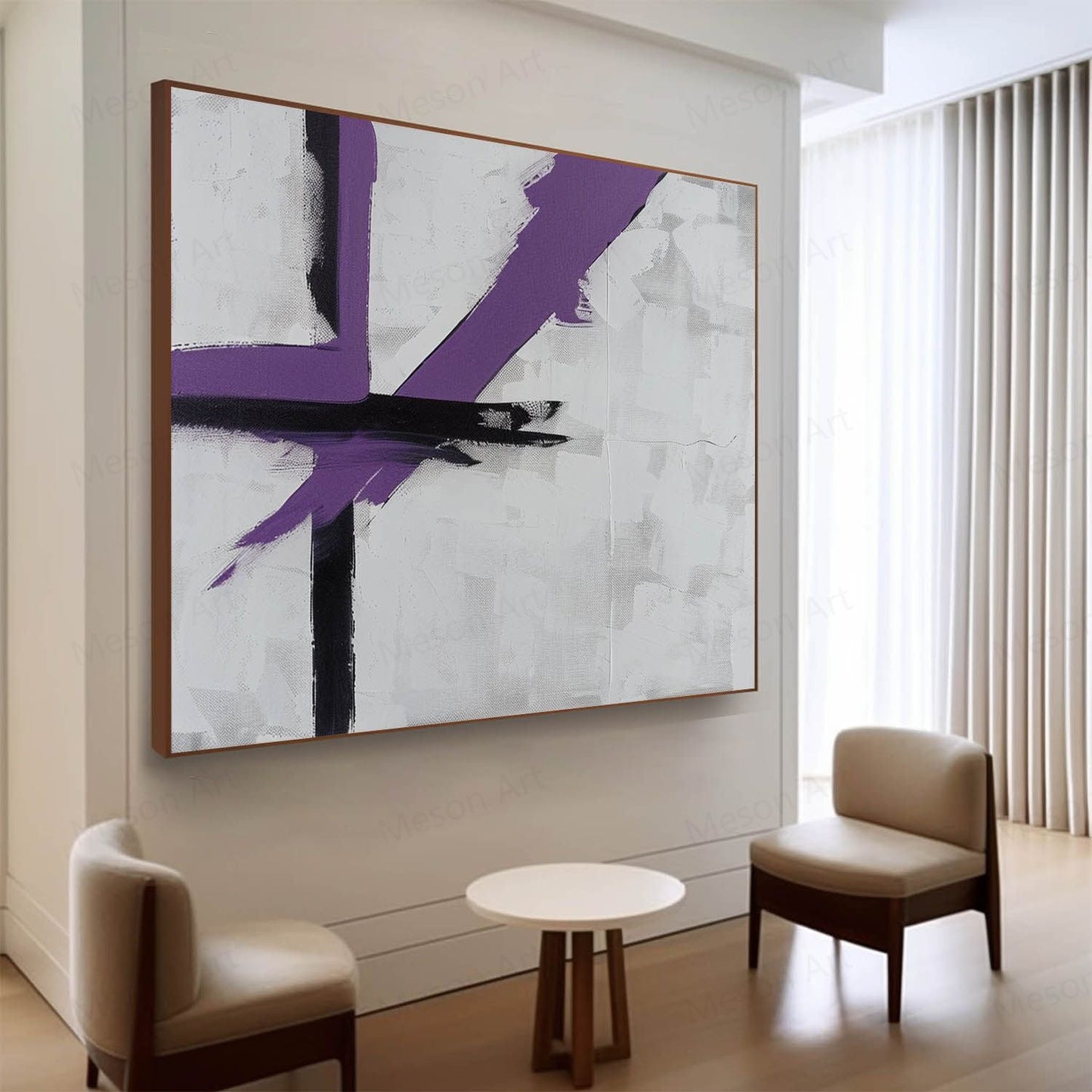 Abstract Purple and Black Minimalist Oil Painting for Modern Decor