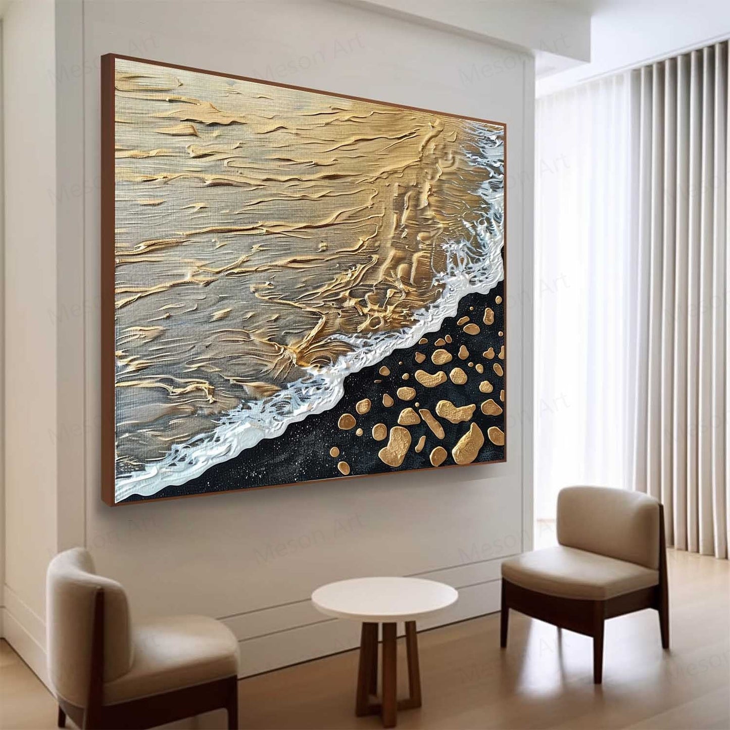 Golden Beach Waves Abstract Oil Painting with Textured Details