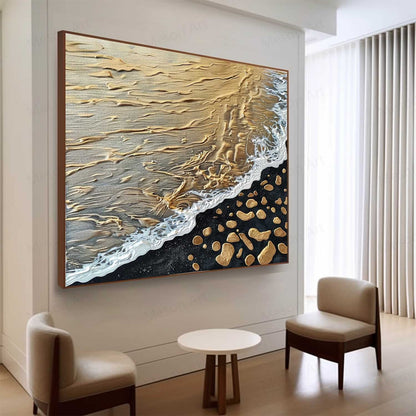 Golden Beach Waves Abstract Oil Painting with Textured Details