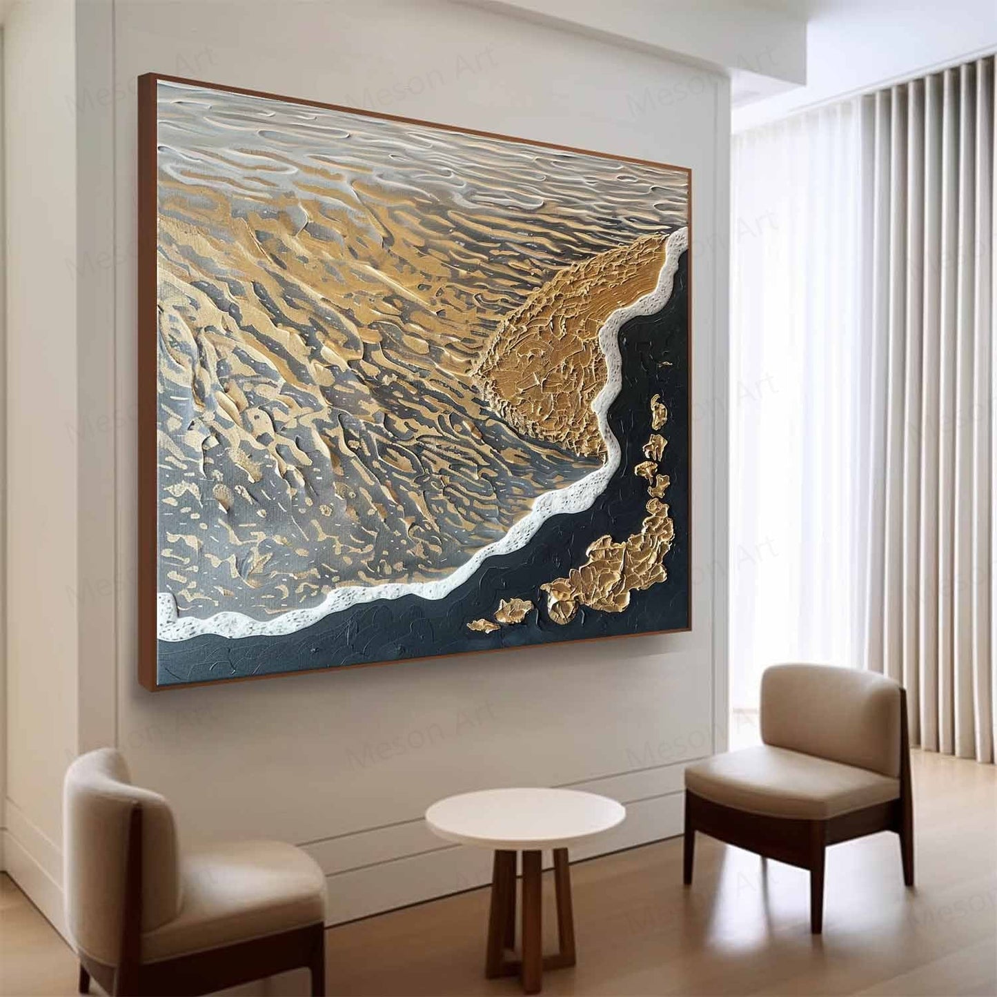 Textured Abstract Oil Painting of Waves and Shoreline in Gold and Black Tones