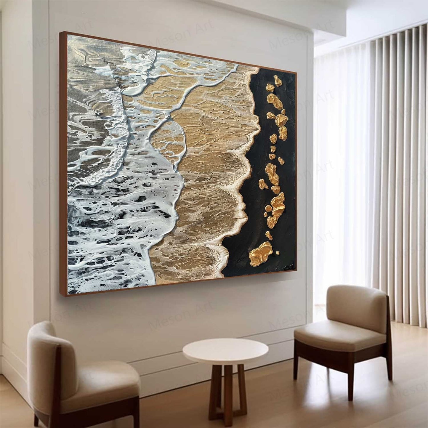 Textured Coastal Waves Oil Painting with Golden Accents for Modern Decor