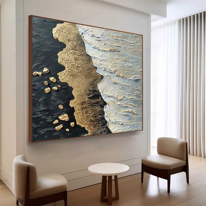 Textured Coastal Abstract Oil Painting with Gold and White Accents