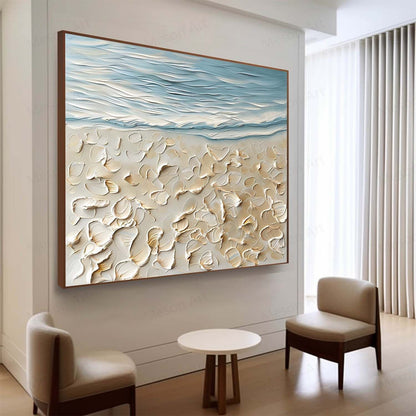 Textured Seascape Oil Painting with Coastal Elements and Soft Blue Tones