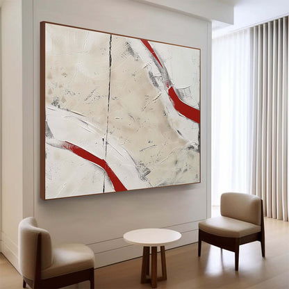 Abstract Red and White Minimalist Oil Painting for Contemporary Home Decor