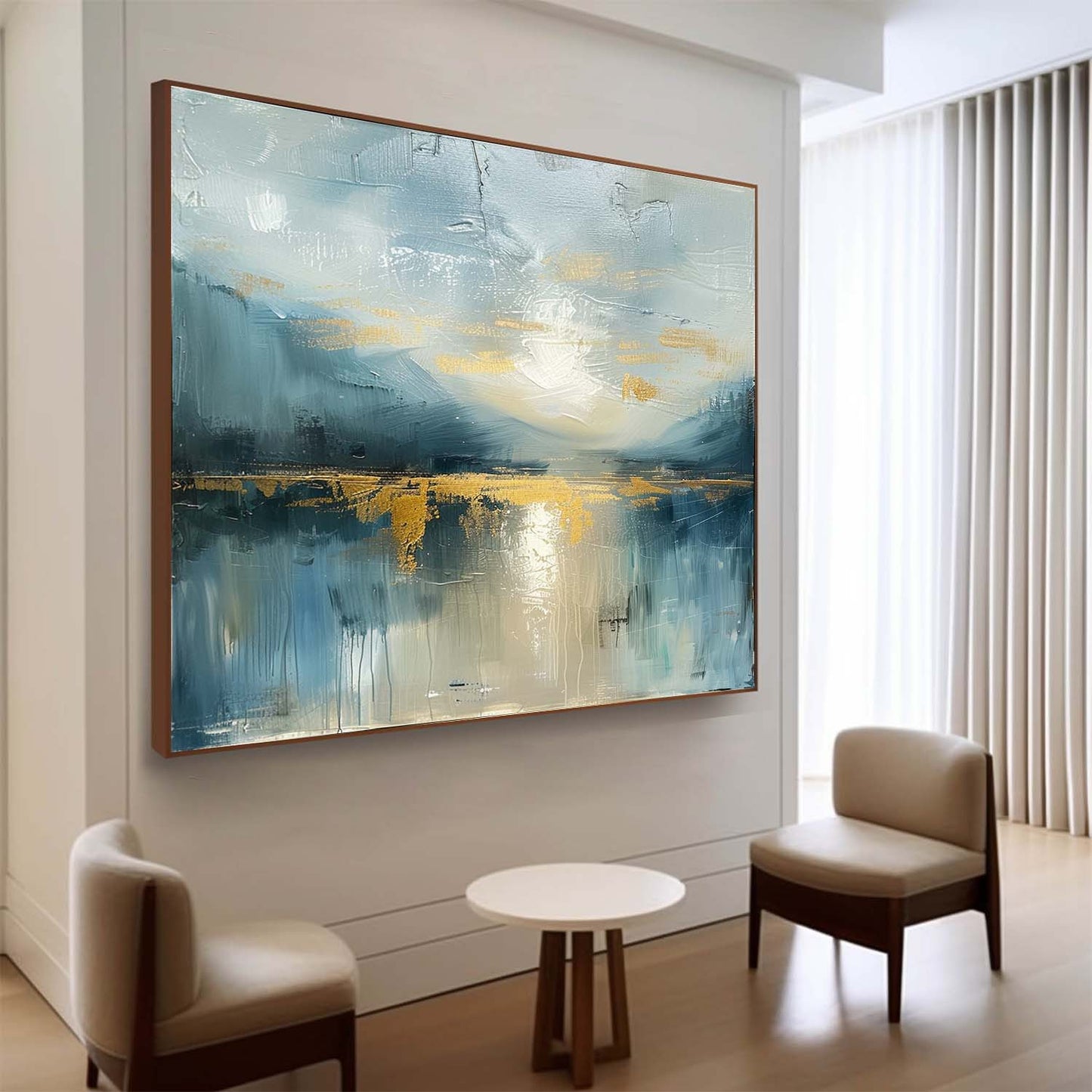 Serene Blue Landscape Oil Painting with Glimmering Gold Accents for Modern Decor