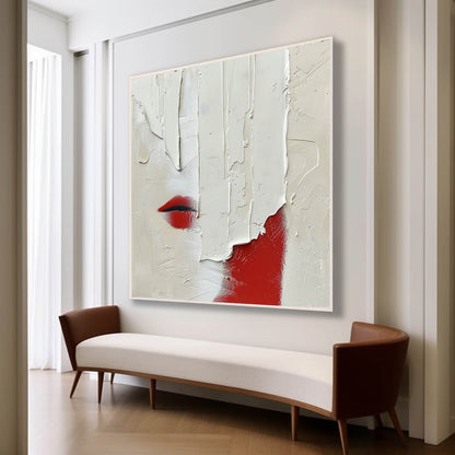 Abstract Minimalist Oil Painting with Bold Red Accent and Textured White Surface