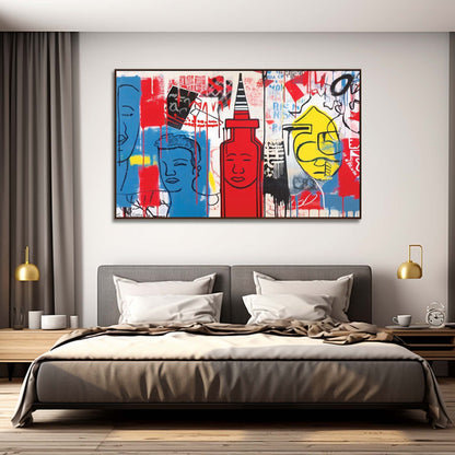 Vibrant Modern Pop Art Canvas Painting with Bold Colors and Graphic Elements