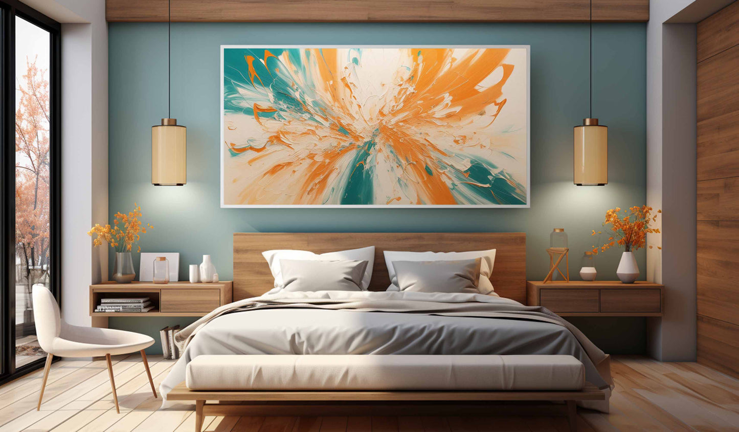 Vibrant Abstract Oil Painting with Turquoise and Orange Swirls for Modern Decor