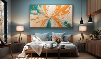 Vibrant Abstract Oil Painting with Turquoise and Orange Swirls for Modern Decor