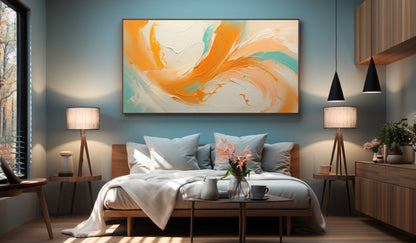 Vibrant Abstract Oil Painting with Swirling Orange and Teal Hues for Modern Decor