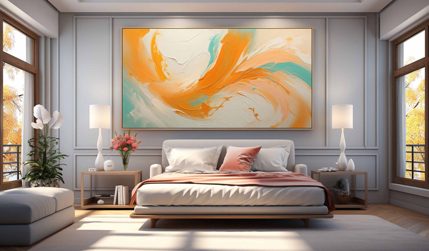 Vibrant Abstract Oil Painting with Swirling Orange and Teal Hues for Modern Decor