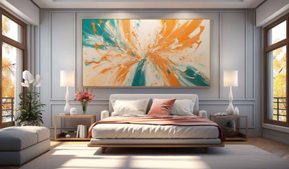 Vibrant Abstract Oil Painting with Turquoise and Orange Swirls for Modern Decor