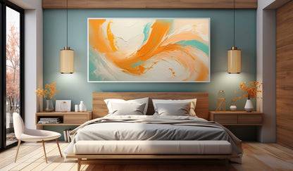 Vibrant Abstract Oil Painting with Swirling Orange and Teal Hues for Modern Decor