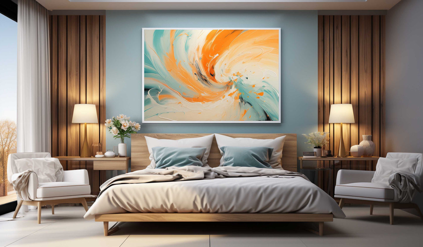 Vibrant Abstract Swirl Oil Painting in Orange and Teal for Modern Decor