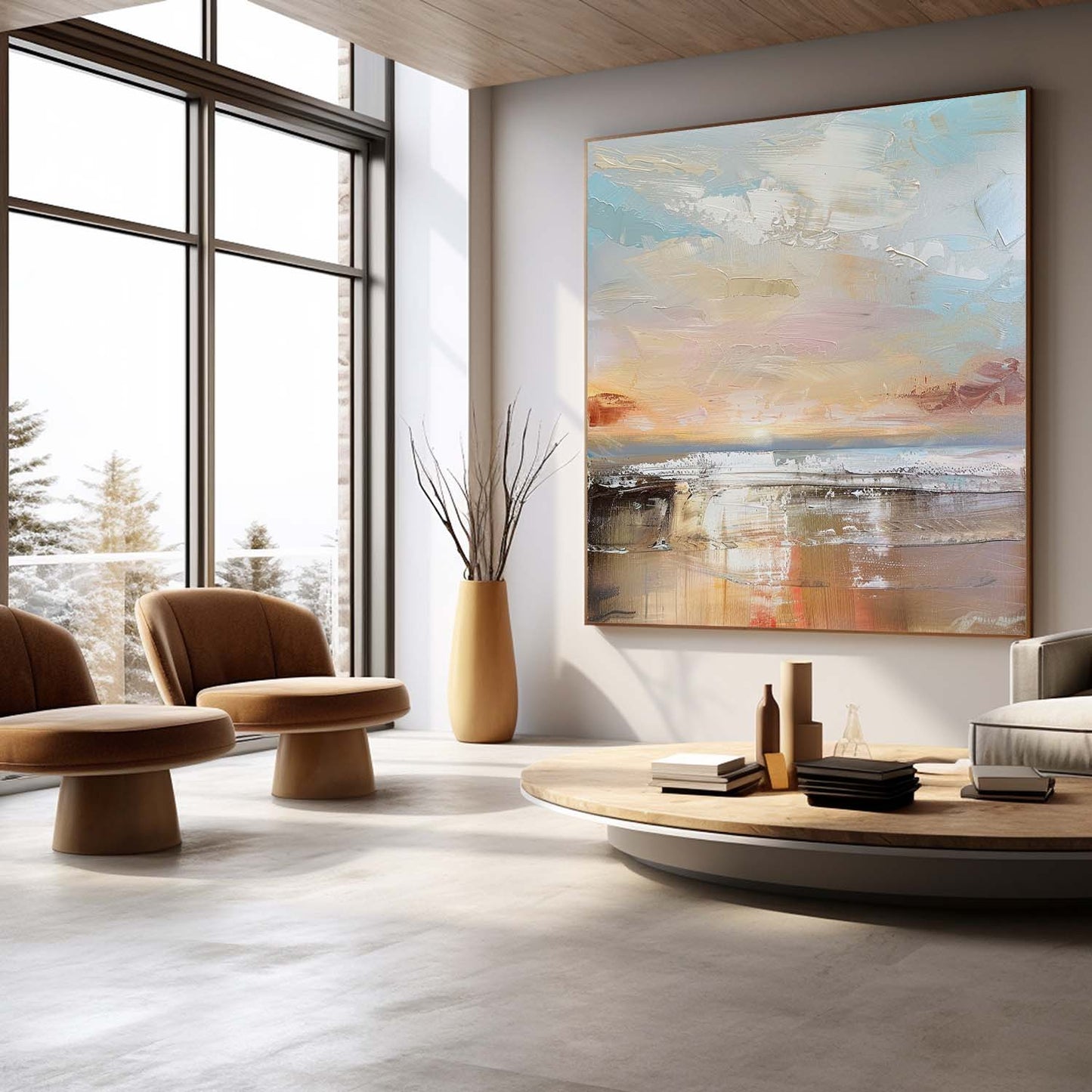 Serene Coastal Landscape Oil Painting with Soft Pastel Hues for Home Decor