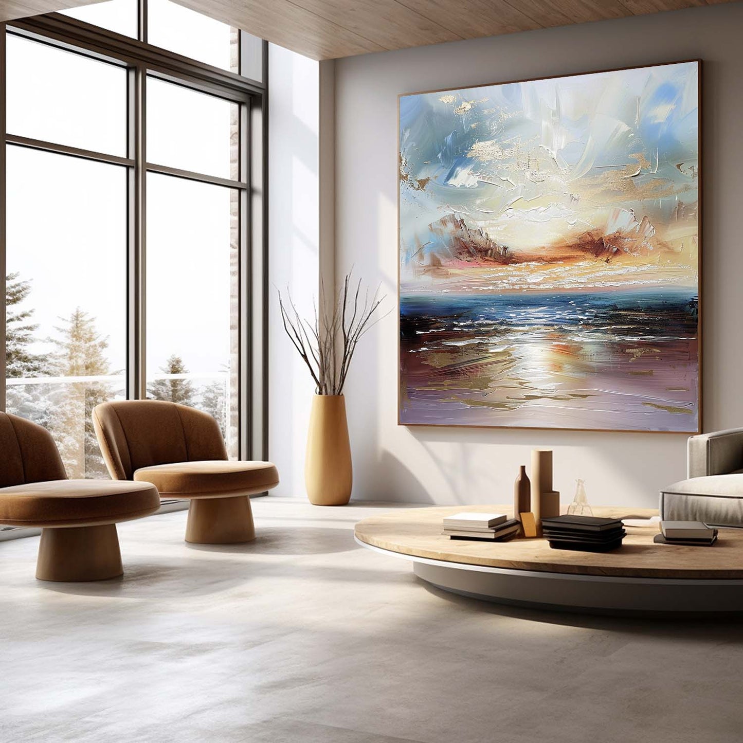 Serene Coastal Sunset Oil Painting for Elegant Home Decor