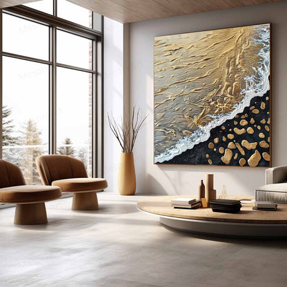 Golden Beach Waves Abstract Oil Painting with Textured Details
