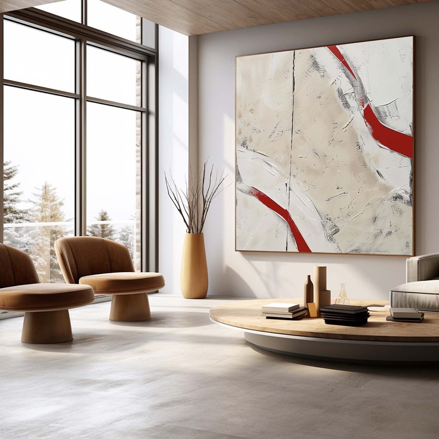 Abstract Red and White Minimalist Oil Painting for Contemporary Home Decor