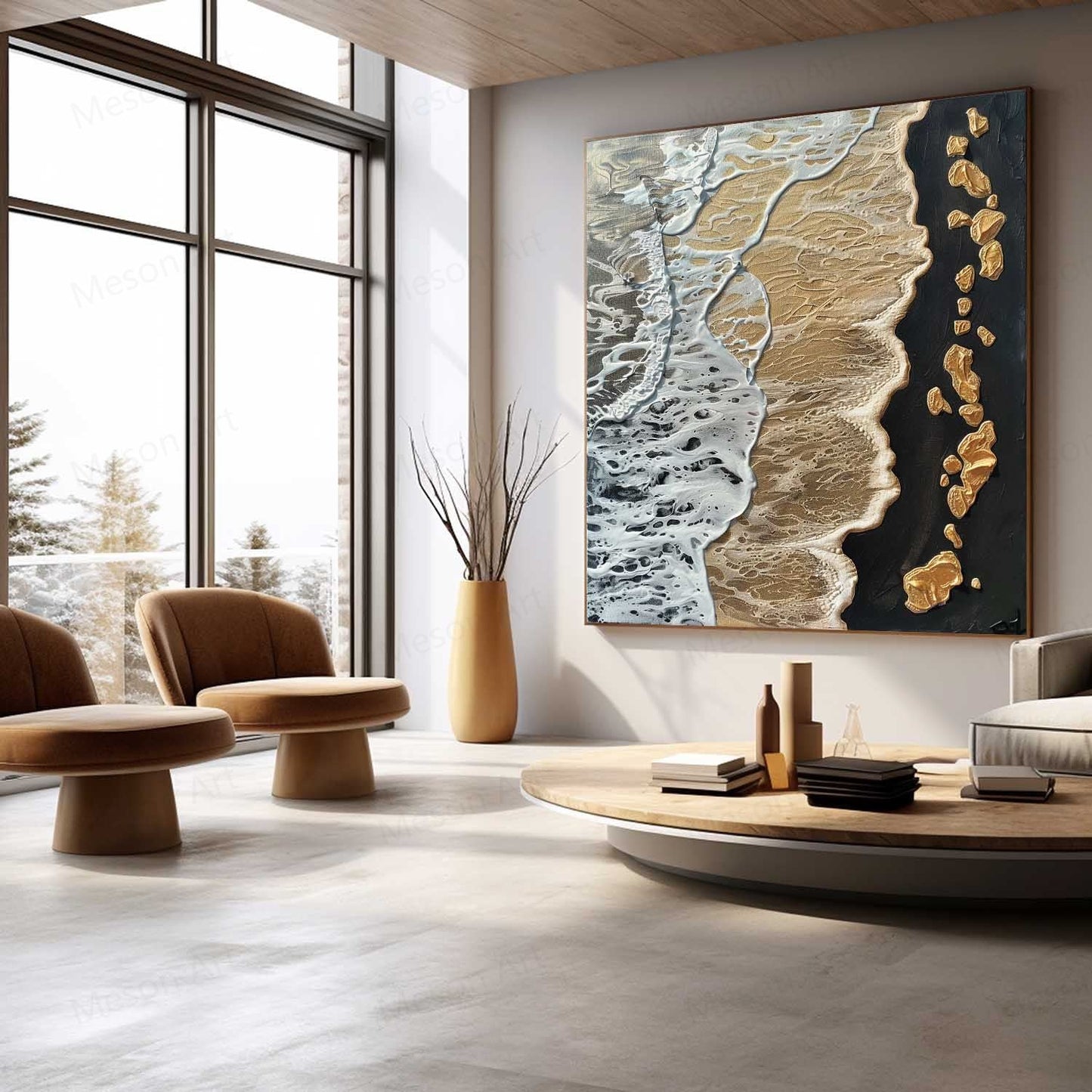 Textured Coastal Waves Oil Painting with Golden Accents for Modern Decor