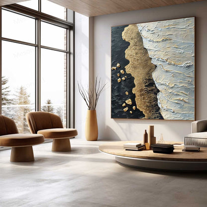 Textured Coastal Abstract Oil Painting with Gold and White Accents