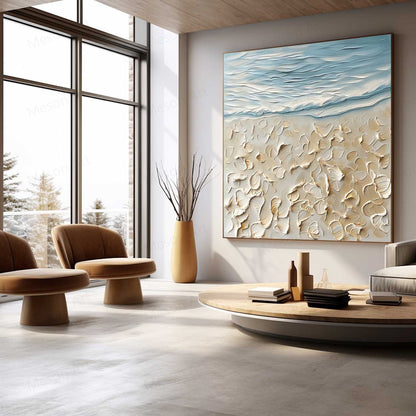 Textured Seascape Oil Painting with Coastal Elements and Soft Blue Tones