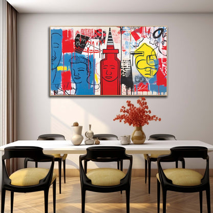 Vibrant Modern Pop Art Canvas Painting with Bold Colors and Graphic Elements