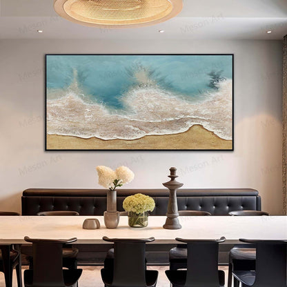 Coastal Serenity: Textured Oil Painting of Beach Waves and Sand