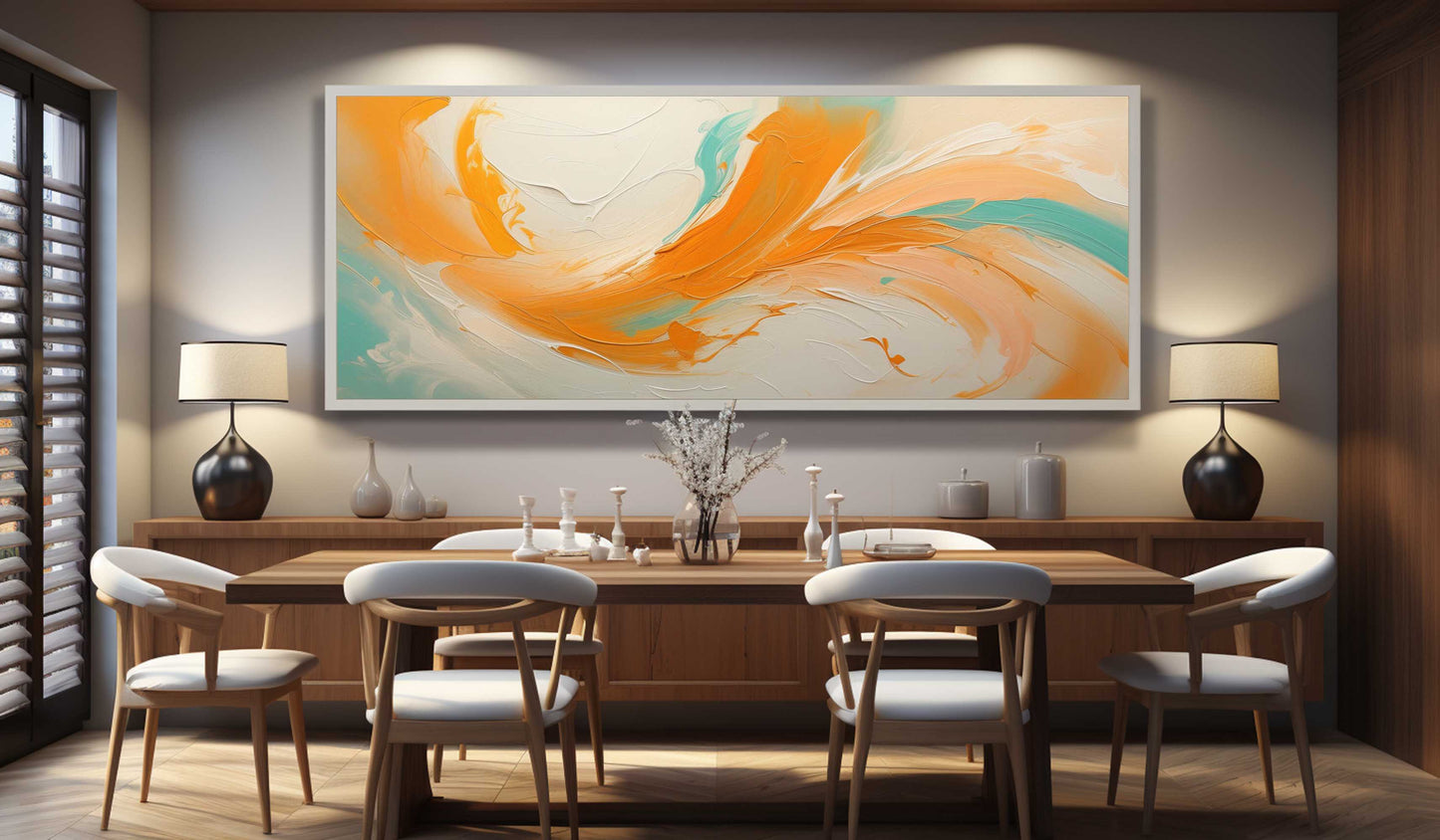 Vibrant Abstract Oil Painting with Swirling Orange and Teal Hues for Modern Decor