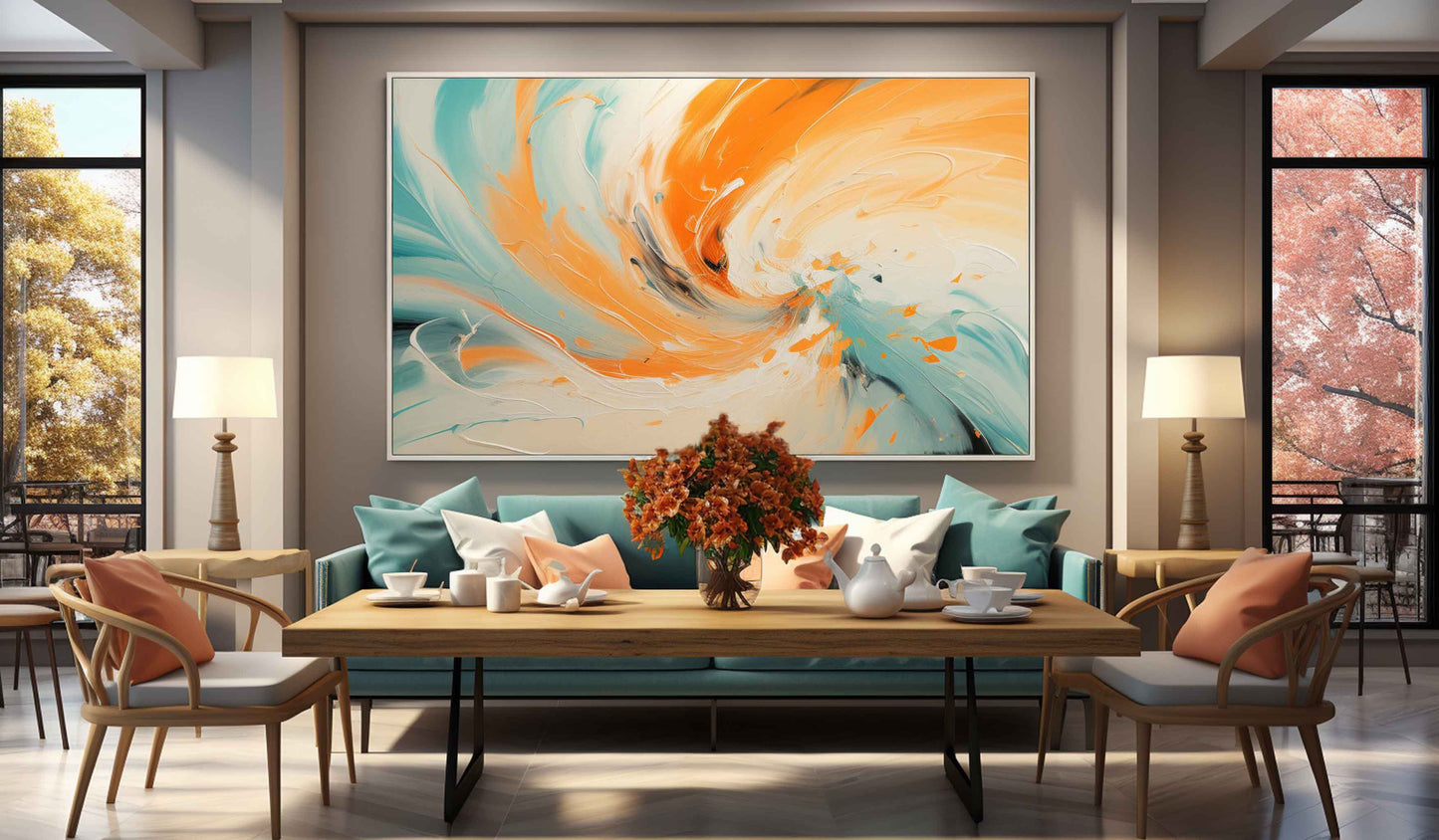 Vibrant Abstract Swirl Oil Painting in Orange and Teal for Modern Decor