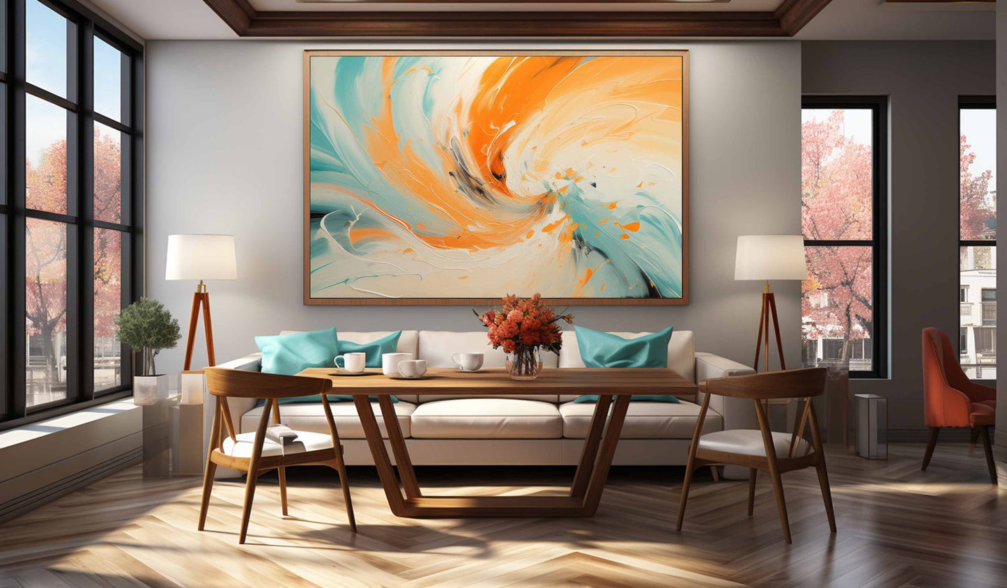 Vibrant Abstract Swirl Oil Painting in Orange and Teal for Modern Decor