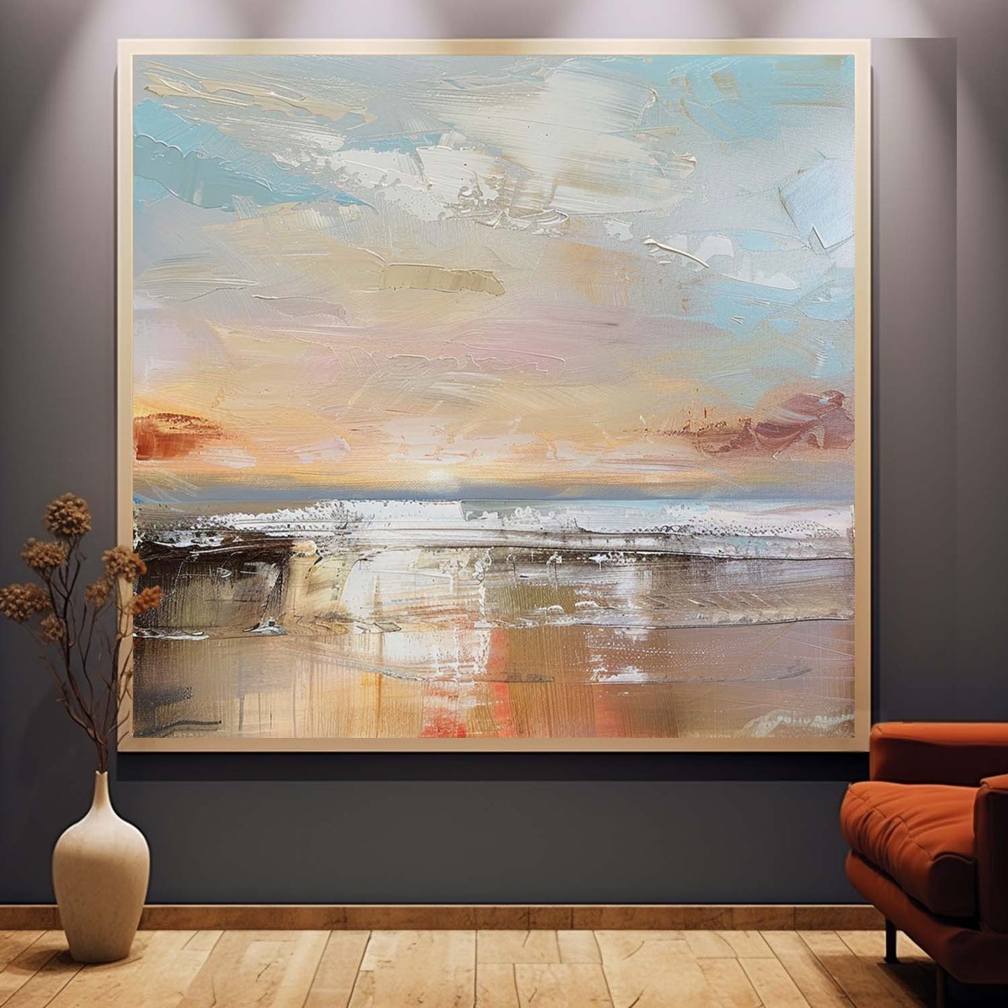 Serene Coastal Landscape Oil Painting with Soft Pastel Hues for Home Decor