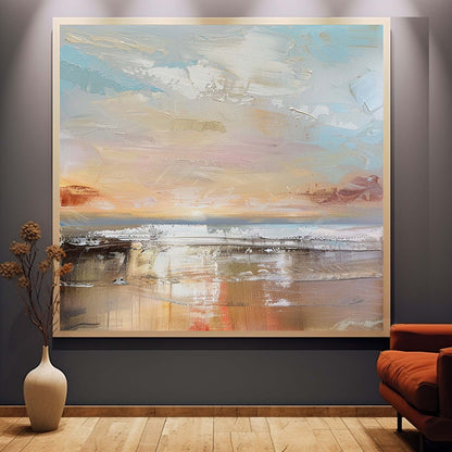 Serene Coastal Landscape Oil Painting with Soft Pastel Hues for Home Decor