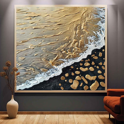 Golden Beach Waves Abstract Oil Painting with Textured Details