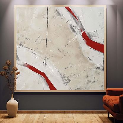 Abstract Red and White Minimalist Oil Painting for Contemporary Home Decor