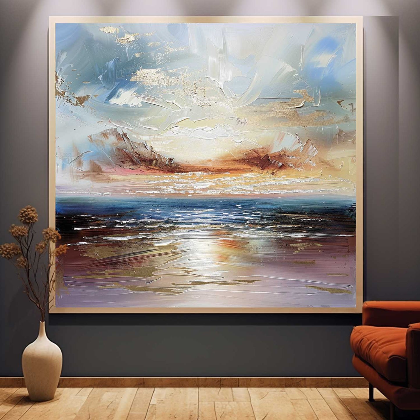 Serene Coastal Sunset Oil Painting for Elegant Home Decor