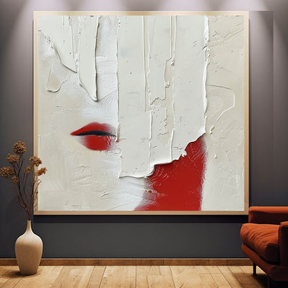 Abstract Minimalist Oil Painting with Bold Red Accent and Textured White Surface