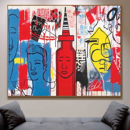 Vibrant Modern Pop Art Canvas Painting with Bold Colors and Graphic Elements